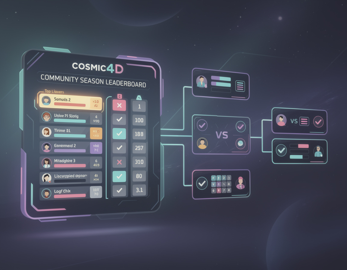 Ilustrasi leaderboard season komunitas untuk event game online cosmic4d dengan bracket, room match, dan bukti skor