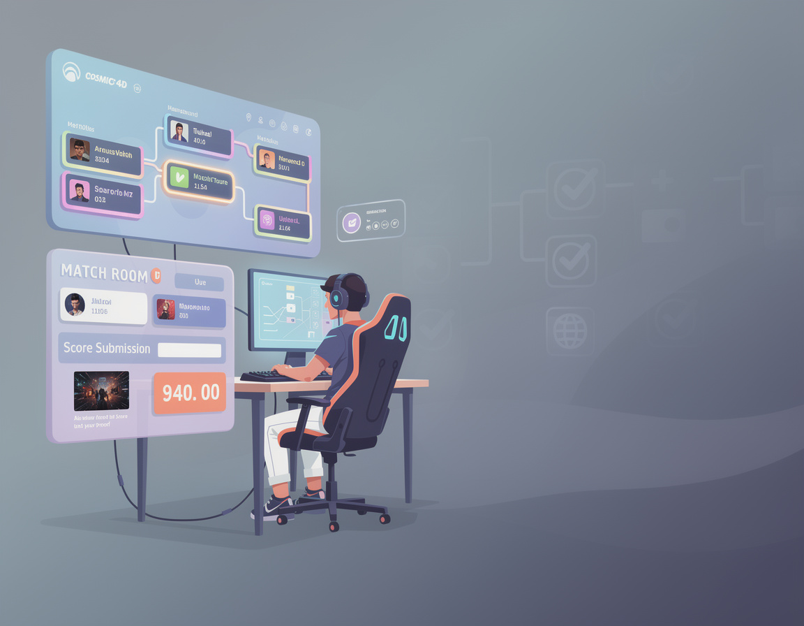 Ilustrasi panduan submit skor untuk event game online cosmic4d dengan bracket, room match, dan bukti skor